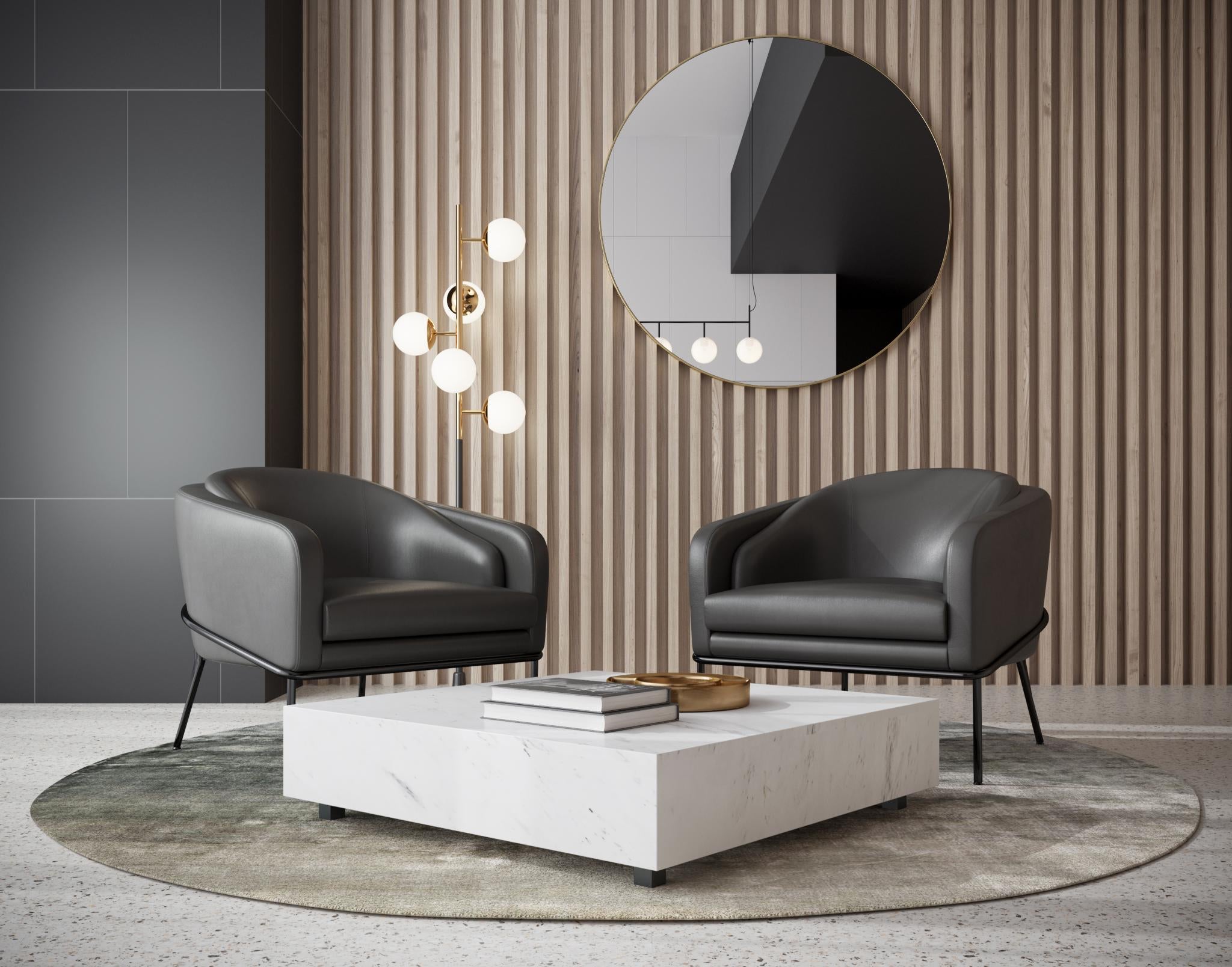 Angelo Lounge Chair - trento black with liza coffee table and Mila round mirror - brass