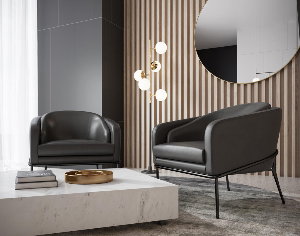 Angelo Lounge Chair - trento black with liza coffee table and Mila round mirror - brass